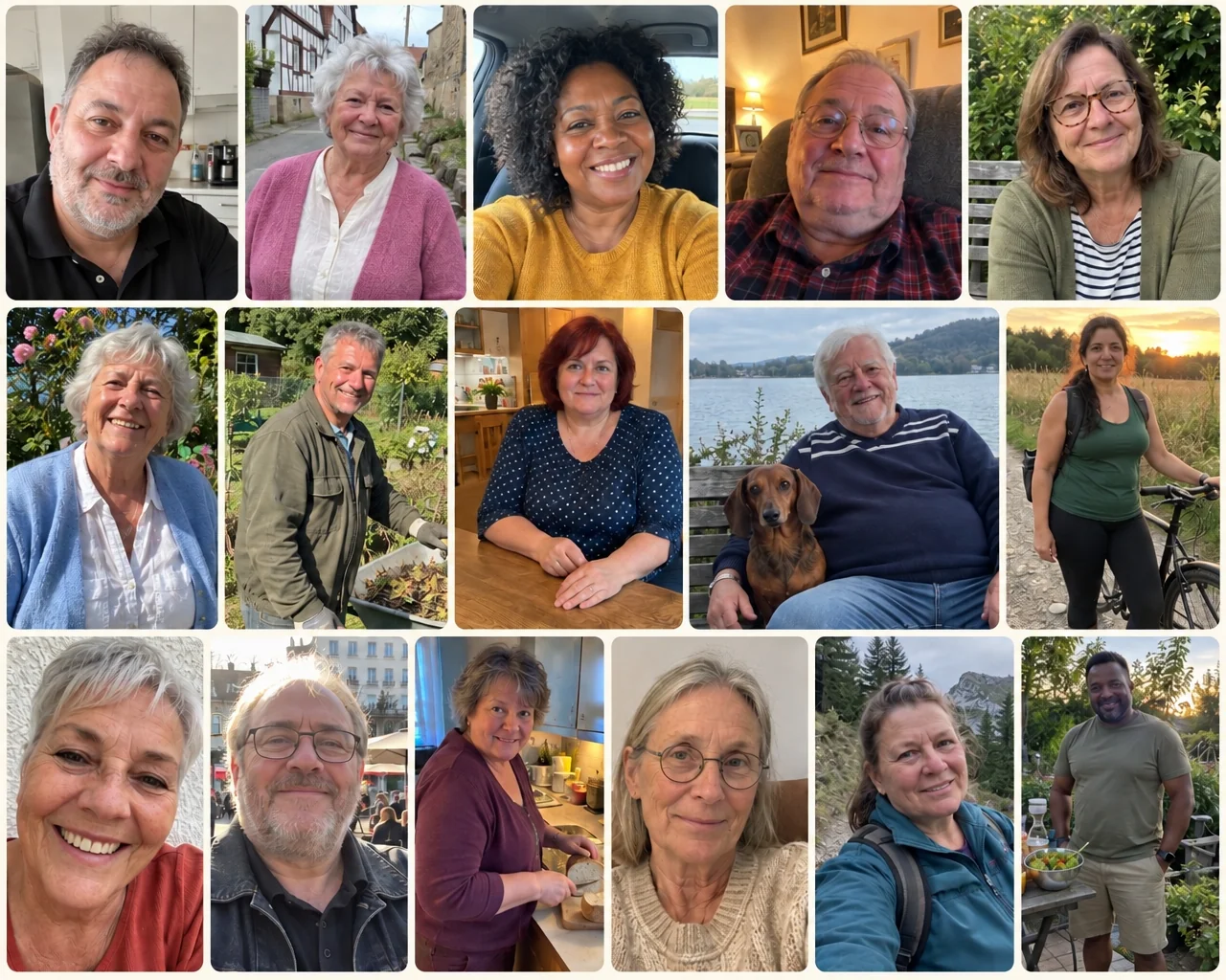 Collage aus 16 Fotos echter Kund:innen 50+ in Alltagssituationen: zu Hause, im Garten, am See, beim Radfahren und Wandern
